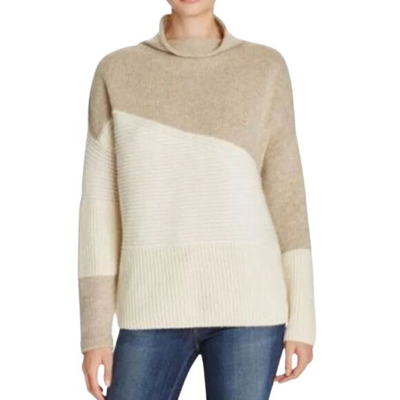 French Connection Wool Blend Neutral Patchwork Funnel Neck Sweater - Picture 1 of 8